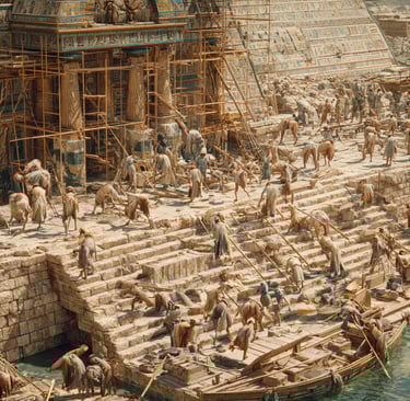 Skilled ancient Egyptian workers building a temple near the Nile.