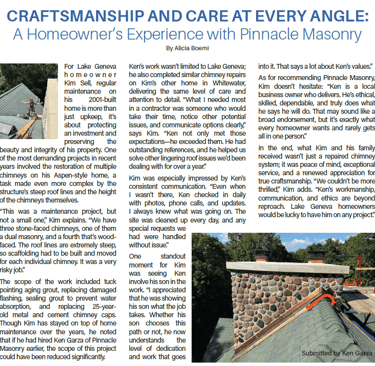 chimney repair customer testimonial from Geneva Lake Wisconsin