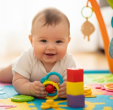 Bebê sorridente deitado de bruços em tapete colorido, segurando brinquedo educativo e cercado por bl