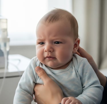 Bebê no colo de um adulto com expressão de desconforto, com inalador desfocado ao fundo, sugerindo t