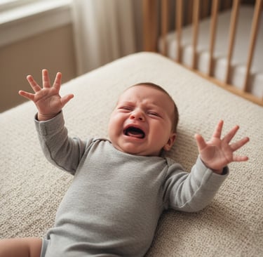 Bebê deitado no berço chorando com os braços levantados, expressando desconforto e medo
