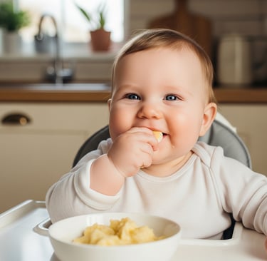 Bebê sorridente comendo purê de banana na cadeira de alimentação, usando blusa branca, em cozinha il