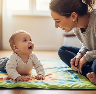 Bebê de bruços sorri animado enquanto olha para a mãe, que interage carinhosamente ao lado no tapete