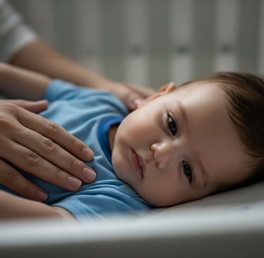 Bebê deitado em berço usando roupa azul, recebendo carinho da mãe com a mão sobre o peito.