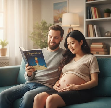 Casal sentado no sofá enquanto o futuro pai lê um livro infantil em voz alta com a gestante