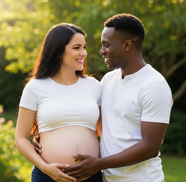 casal sorridente esperando bebê, com gestante de camiseta branca mostrando a barriga e parceiro abra