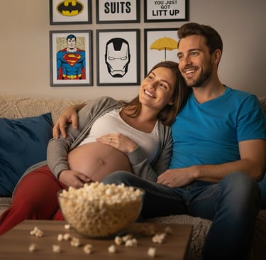 Casal sorridente relaxa no sofá enquanto assiste a um filme, a gestante e um pote de pipoca