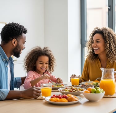 Família sorridente tomando café da manhã juntos, com mesa servida com frutas, pães, salada e suco de