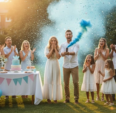 Família e amigos comemorando em um chá revelação ao ar livre, enquanto os futuros pais revelam