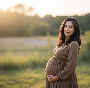 Gestante de vestido marrom acariciando a barriga em um campo ao pôr do sol, transmitindo serenidade
