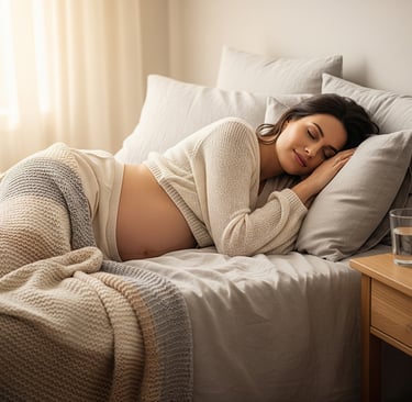 Mulher grávida descansando serenamente na cama, deitada de lado com a barriga aparente, coberta