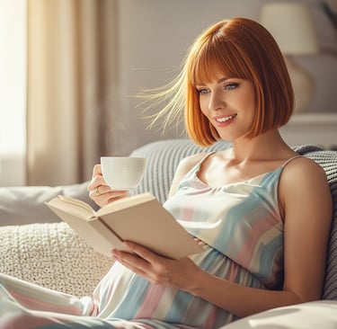 Mulher grávida sentada confortavelmente no sofá, sorrindo enquanto lê um livro