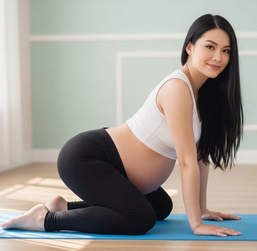 Gestante sorridente praticando exercício de yoga no tapete, em posição de quatro apoios, promovendo