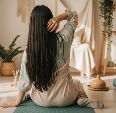Gestante praticando yoga em casa sobre tapete verde, alongando-se em ambiente aconchegante e ilumina