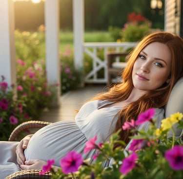 Mulher grávida ruiva, vestindo vestido cinza, relaxando em cadeira no jardim florido, ao pôr do sol.