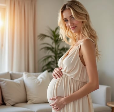Mulher grávida usando vestido claro, sorrindo e acariciando a barriga, em sala iluminada pela luz do