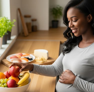 mulher grávida sorrindo enquanto escolhe uma maçã de uma tigela de frutas na cozinha