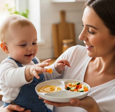 Mãe sorridente segura bebê no colo enquanto ele pega brócolis do prato com purê, frutas e legumes