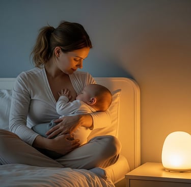 Mãe amamentando bebê à noite, sentada na cama com luz suave de abajur, transmitindo calma e aconcheg