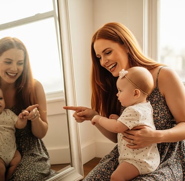 Mãe sorridente brincando com bebê no espelho, estimulando interação e desenvolvimento infantil em mo