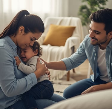 Mãe consolando bebê que chora enquanto pai oferece apoio ao lado, em ambiente familiar acolhedor.