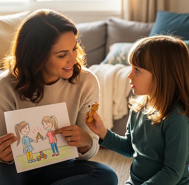 mãe mostrando desenho para filha sobre compartilhar brinquedos enquanto conversam sentadas no chão d