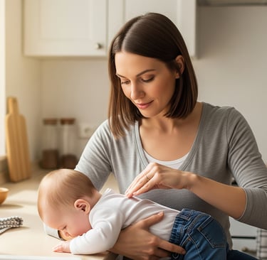 mãe segurando bebê de bruços no colo e fazendo massagem suave nas costas na cozinha iluminada