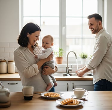 mãe e pai com bebê aproveitando manhã juntos na cozinha