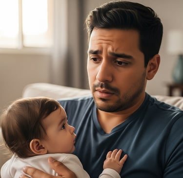 Pai com expressão preocupada segurando bebê no colo, transmitindo emoção e cuidado em momento íntimo