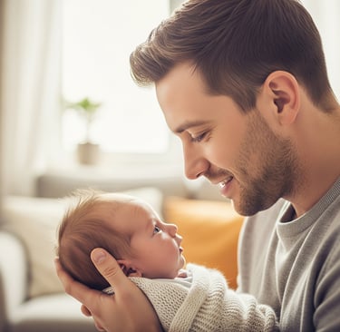 Pai segura o bebê recém-nascido nos braços e troca um olhar carinhoso e cheio de afeto