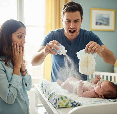 Pai troca a fralda do bebê de forma atrapalhada, jogando muito talco, enquanto a mãe observa assusta