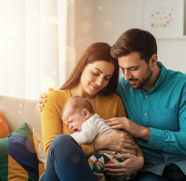 Mãe e pai acolhendo e acalmando o bebê que chora no colo, transmitindo carinho e apoio familiar