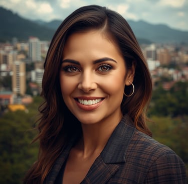 María López de Medellín sonríe frente a su diseño de etiquetas creado por HansGStudios