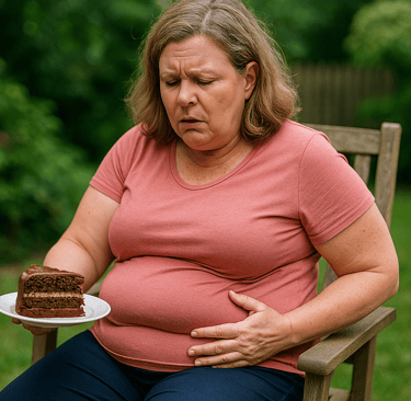 Overweight women with a peice of cake