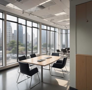 A multi-story building with a business on the ground floor displaying a sign for an architectural company. The facade includes balconies with railings. In front of the entrance, there is a table covered with a red cloth, adorned with decorative floral arrangements. Motorbikes are parked along the sidewalk and there are some potted plants on a ledge above the entrance.