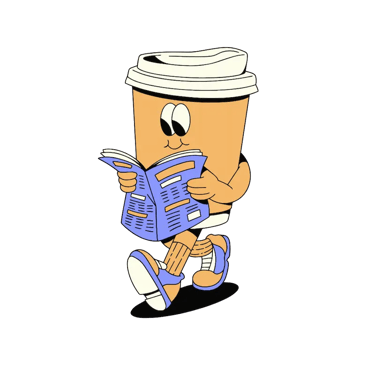 Personaje retro de Talenty, vaso de café leyendo con confianza