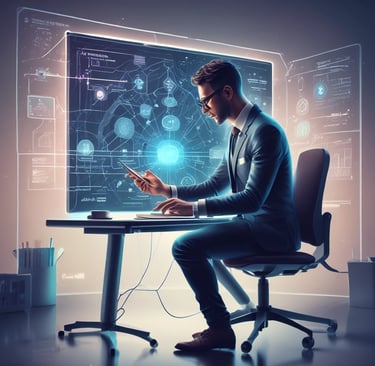 a man sitting at a desk with a laptop and a tablet