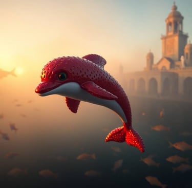 a red dolphin in the water with a castle in the background