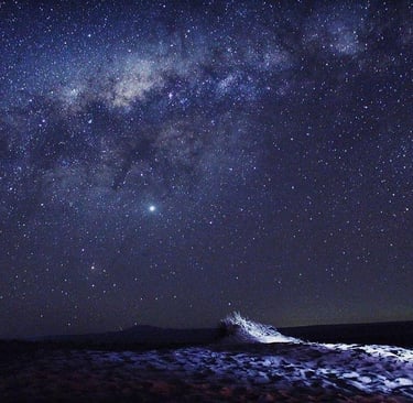 Milky Way galaxy night sky over a dark desert landscape with bright stars and astronomical nebula.