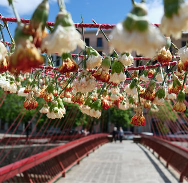White and orange carnations hanging from red ropes over the iconic Eiffel Bridge in Girona, Spain.