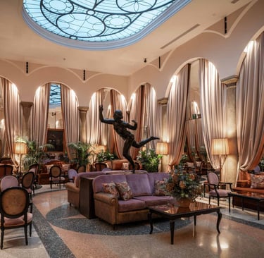 Elegant luxury hotel lounge with plush velvet seating, marble floors, and a decorative glass skylight.