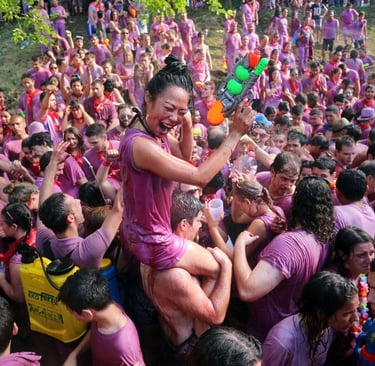 Crowd of people celebrating the Haro Wine Fight festival in Spain with purple wine-soaked clothes and water guns.
