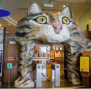 Giant cat face archway entrance to the Kuching Cat Museum in Sarawak, Malaysia.