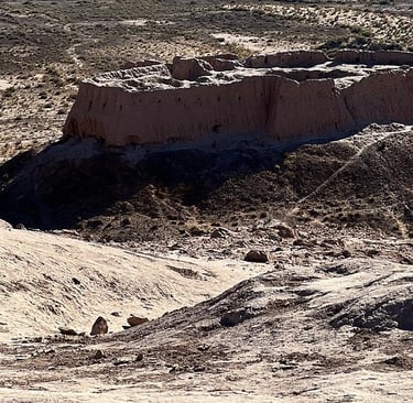Aerial view of Ayaz Kala, an ancient mud-brick desert fortress and archaeological site in Uzbekistan.