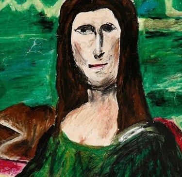 A crude, expressionist painting of the Mona Lisa with dark brown hair and a green background.