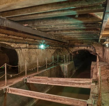 Underground sewer tunnel with concrete arches, old metal pipes, and industrial infrastructure.