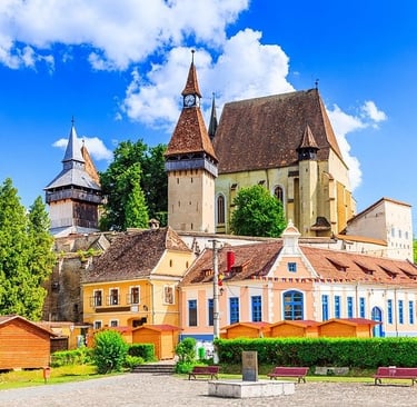 The medieval Biertan Fortified Church and Saxon village architecture in Transylvania, Romania.