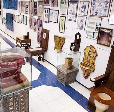 Sulabh International Museum of Toilets exhibition featuring historic wooden latrines and ornate ceramic commodes.
