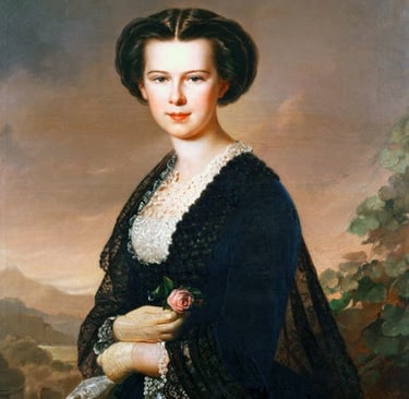 Oil painting of a noblewoman in a navy dress with lace shawl holding a pink rose.