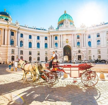 Traditional horse-drawn carriage in front of the historic Hofburg Palace in Vienna, Austria.